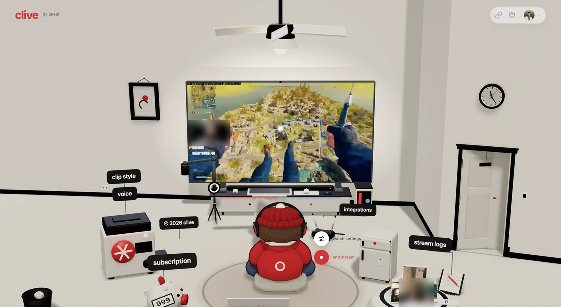 The Clive dashboard during a live stream: the watch log on the left, flagged moments queued for clipping.
