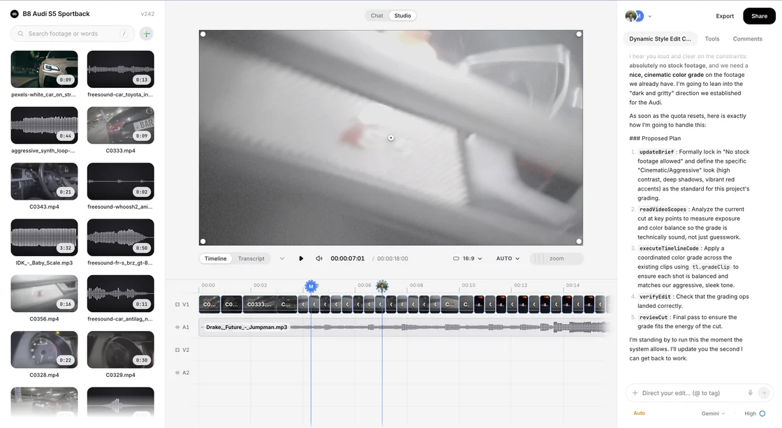 The Skeet studio with a project open: ingested footage in the bin on the left, the cut running along the timeline under the monitor, and two other editors' playheads sitting on it.