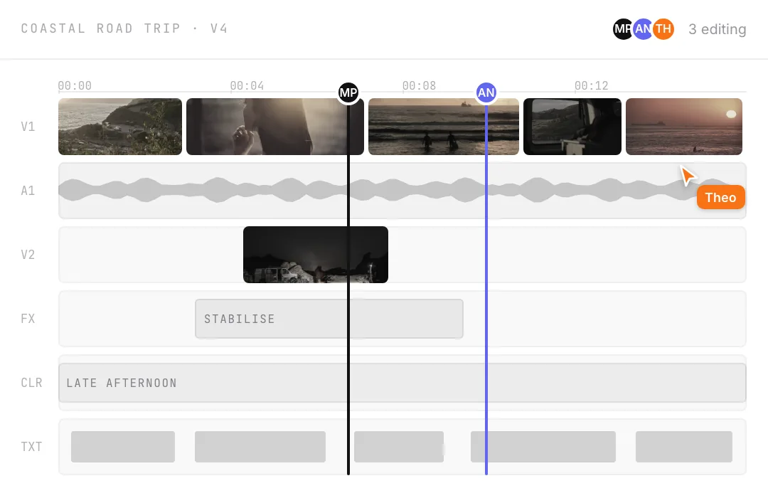 Two other editors working in the same timeline: one scrubbing, one moving a clip